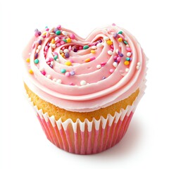 Delicious pink frosted cupcake with colorful sprinkles on a white isolate background.