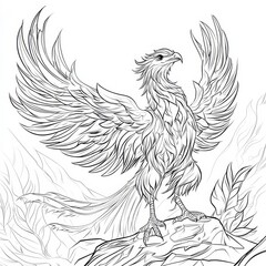 Phoenix Rising: A majestic phoenix in flight, soaring above a mountain range, its wings outstretched and talons gripping a rocky perch.
