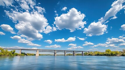 Summer Lake Landscape with Bridge, Sky, and Water