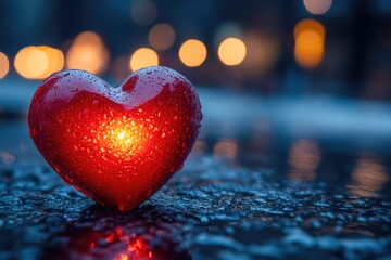 Fototapeta premium A red heart symbol sitting on top of a wet ground, often used as a metaphor for love and passion