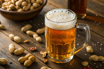 a glass of beer with peanuts on a table