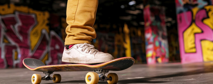 Skateboarder performing tricks in urban setting with vibrant graffiti