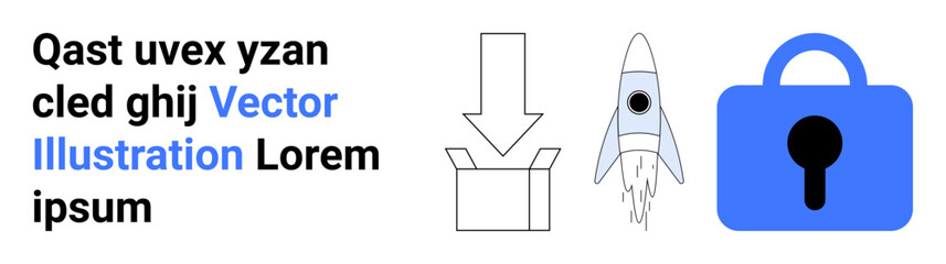 Rocket launching from an open box, padlock symbolizing security alongside placeholder text. Ideal for technology, innovation, security, startup, launching products, protection, web design. Banner