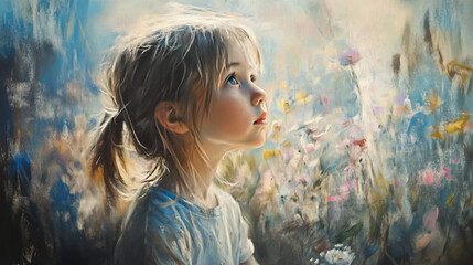 A painter reflecting on their childhood while using soft pastels, symbolizing nostalgia and innocence.