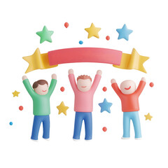 Three joyful characters celebrating under colorful stars and a banner., isolated on a transparent background.