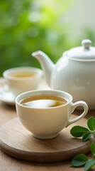Elegant Tea Setting with White Cups and Teapot on Wooden Table.