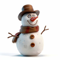 Delightful Cartoon Snowman with Hat and Scarf on White Background
