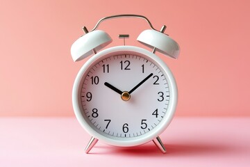 A white alarm clock sits on a pink surface, ready to wake you up