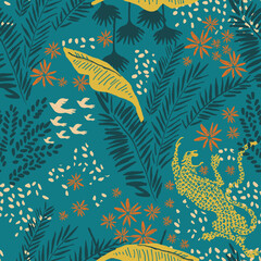 Seamless pattern, Hand drawn, jungle, tiger, cheetah, forest, leaves, abstract, endless, all over print to use textile, fabric, clothing, backdrop, wallpaper, home textile, clothing, fashion.