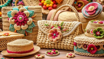 Beige Raffia Crochet Accessories - High-Quality Images
