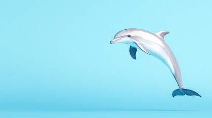 A dolphin gracefully leaps against a blue background.