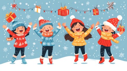 Fototapeta premium Joyful Children Celebrate Winter Holidays in Snowy Scene