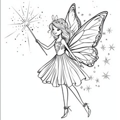 Enchanted Fairy with Sparkling Wand: A whimsical fairy with delicate butterfly wings, a flower crown, and a magical wand, surrounded by sparkling stars. Perfect for coloring books.