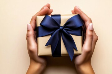 Two hands hold a beautifully wrapped gift tied with a blue ribbon
