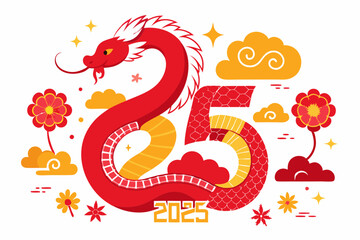 Chinese banner, Happy New Year 2025 poster. Red Snake silhouette icon, flowers, asian clouds on white background. Vector illustration.Celebrate 2025: Chinese New Year Dragon Banner.