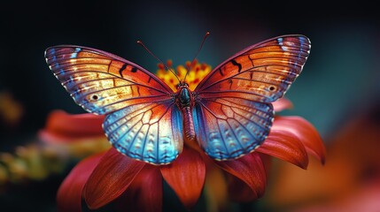 Vibrant blue butterfly resting on pink flower in a lush garden during daylight hours