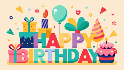 Colorful Happy Birthday Design with Balloons, Gifts, and Celebration Icons.Happy Birthday greeting card.