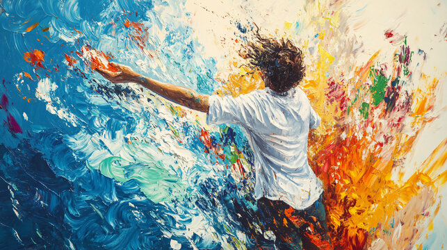 A painter splashing paint onto a canvas with wild abandon, capturing the essence of freedom in their art.