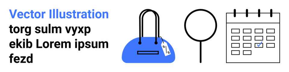 Blue handbag with a price tag, magnifying glass, and calendar with marked date. Ideal for e-commerce, event planning, search tools, retail, shopping scheduling online services. Landing page