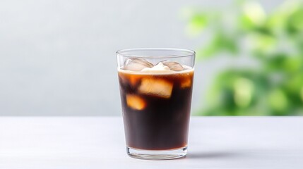 A refreshing glass of iced coffee with cream and ice cubes.