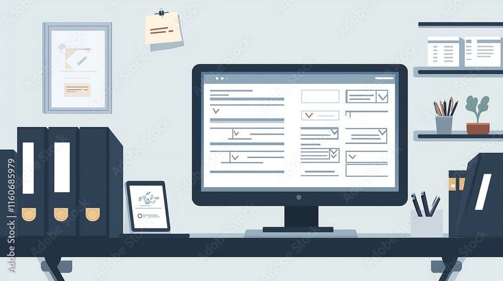 Canvas Prints modern office setup with policy binders, a compliance report on a tablet, and a checklist displayed 