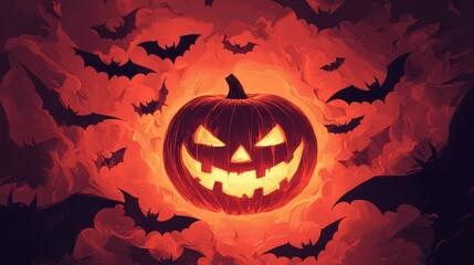Glowing jack-o'-lantern surrounded by bats in smoky, dark Halloween night.