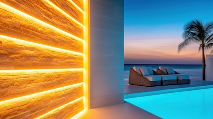 Fototapeta premium Elegant Lounge Space with Pool and Sunset by Tropical Beach