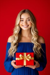 Fototapeta premium Smiling blonde woman in a festive blue dress, presenting a red gift box with a golden bow, on a red background, great for Valentine's Day.