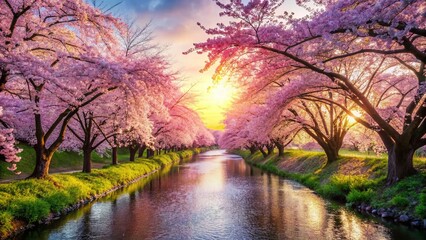 Cherry Blossom Riverbanks - Springtime Serenity