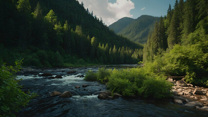 Obraz premium Scenic River Stream Flowing Through a Forest with Waterfall, Rocks, and Moss