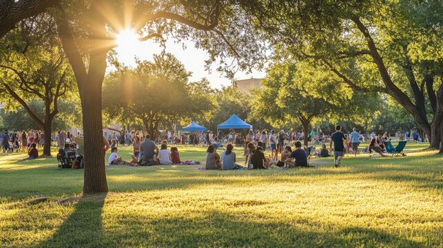 People enjoying a sunny day at an outdoor park with tents and activities in the afternoon