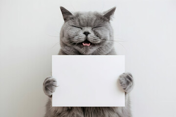 Gray cat smiling with a blank card, evoking warmth and humor with a simple white background