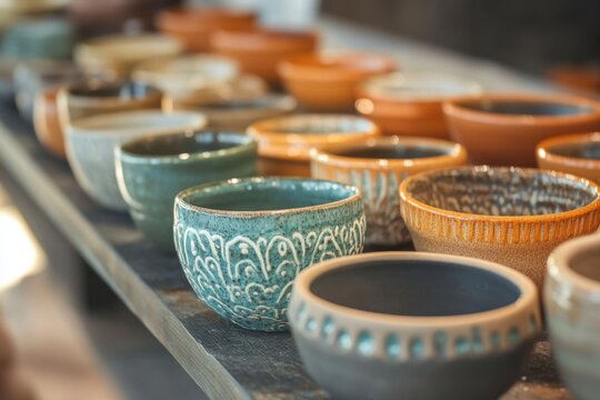 Young girl enjoying pottery-making activity at outdoor craft fair during sunny day