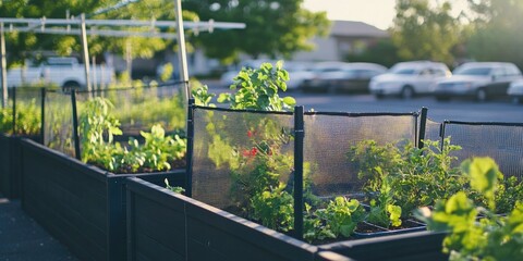 Fototapeta premium A fenced in garden area with many plants