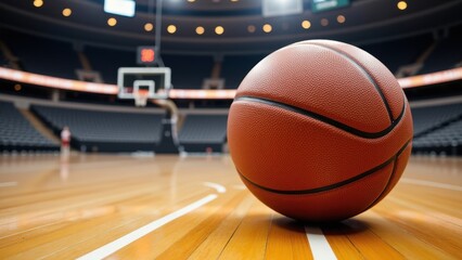 A crisp, up-close shot of a lone basketball centered on a worn wooden court, surrounded by a soft blur and highlighted by a sharp white line