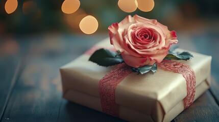 Obraz premium Beautifully wrapped gift adorned with a pink rose on a soft textured background