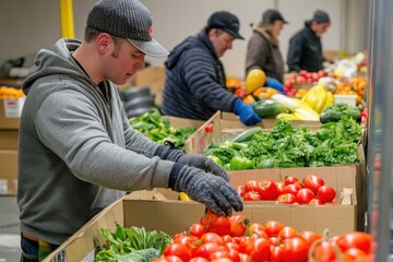 Workers sorting fresh vegetables in a warehouse during the afternoon hours