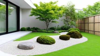 Serene Japanese garden with mossy rocks and lush greenery.