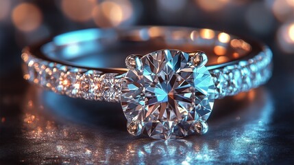 Sparkling diamond engagement ring displayed on a reflective surface with shimmering background lights
