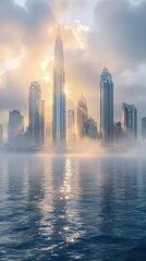 Obraz premium Dubai Marina in morning fog with golden light