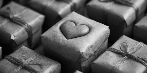 A bundle of wrapped presents with a heart motif, suitable for Valentine's Day or romantic occasions