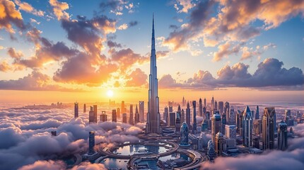 Naklejka premium Dubai skyline at sunset with golden horizon