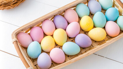 a basket filled with colorful colored eggs