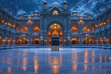 Obraz premium A grand architectural structure illuminated at night, surrounded by a frozen landscape.