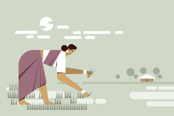 Illustration of a woman planting paddy seedling in the field