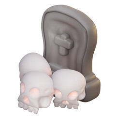3d illustration Three glowing skulls rest before a gray headstone 