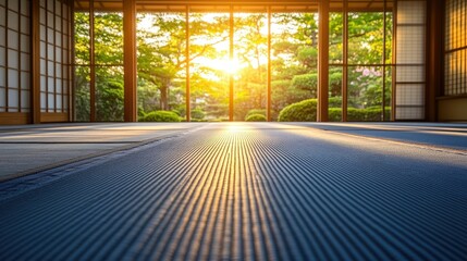 Fototapeta premium Sunlit tatami mat floor in traditional Japanese house with garden view.