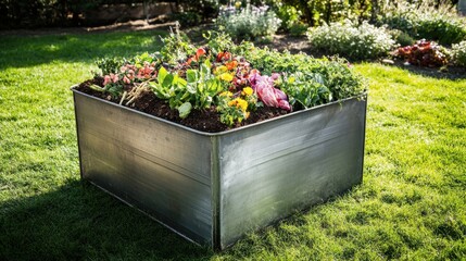 Vibrant vegetable garden in a stainless steel raised bed showcasing fresh produce in a sunny backyard setting
