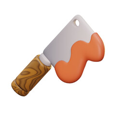 3d illustration cleaver with orange substance on its blade has a wooden handle 3
