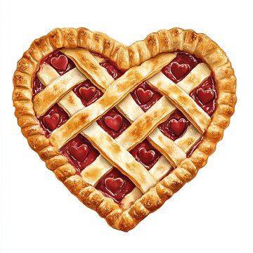 Heart-shaped cherry pie with lattice crust and red heart-shaped filling, white background.